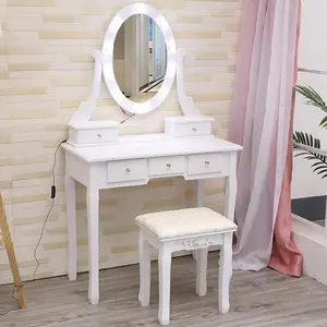 Modern Makeup Vanity Set with Lighted Mirror and Cushioned Stool, Dressing Table with 5 Drawer Storage, Multi-Functional Vanity Desk for Bedroom, Make Up Table for Kids, Women, White