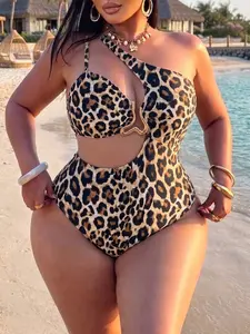 LUSHLACE Plus Size One-Piece Swimsuit Zebra Print Asymmetric Waist Cutout With Beige Buckle Summer Beach Vacation Pool Party Outfit