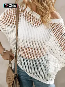 Women's Knitted Round Neck Short Sleeve Hollow Out Pullover Knitwear, Stylish off Shoulder Casual Top for Spring & Summer, Comfortable and Fashionable Wear, Lightweight Knitwear