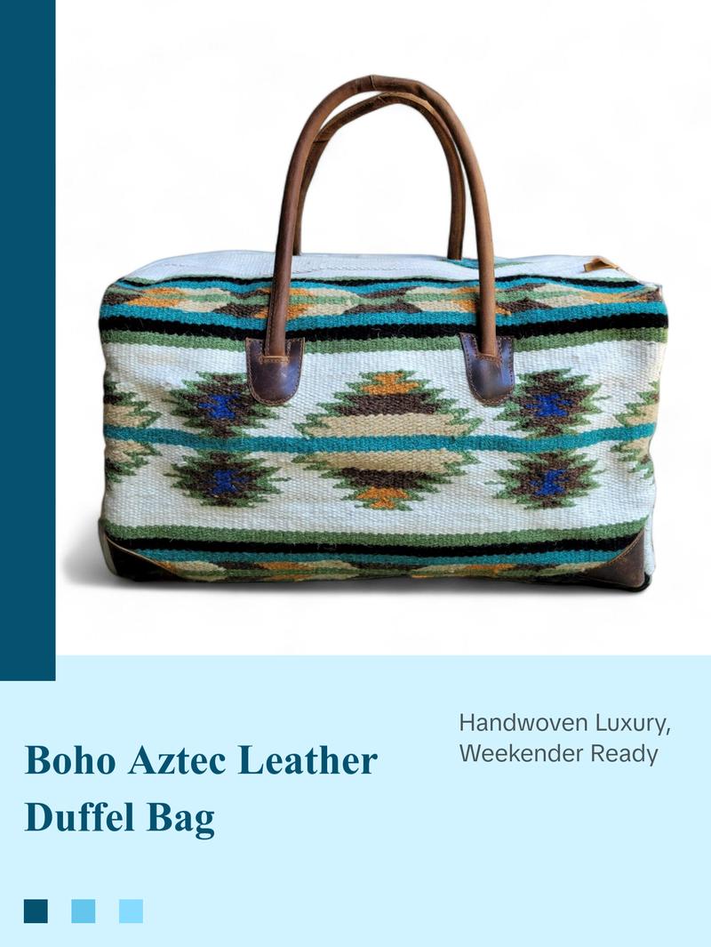 Boho Aztec Large Weekender Southwestern Duffel Bag Aspen Saddle Blanket Bag 100% Leather Handles