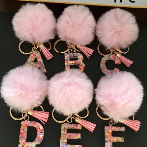 1 Pc, Keychain, Cute Keychain, Keychains Cute, Alphabet Initial Letter Keychain Cute Plush Pom Pom Keychain Bag Backpack Charm Car Hanging Pendant Women Girls Gift, Wallet and handbag accessories, keychain with tassels, Pompom Keychain