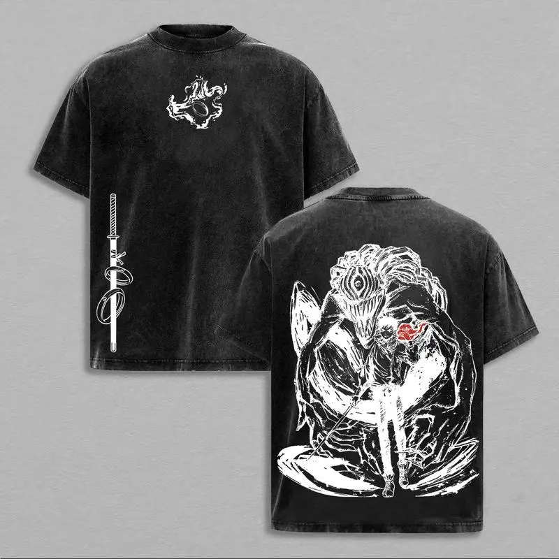 Men's Vintage Graphic T-Shirt, Oversized Heavy Cotton Tee with Japanese Sorcerer Print, Casual Distressed Short-Sleeve Streetwear Top for Him