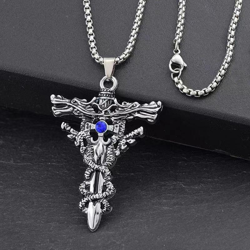 Cross Necklace for Men, Double Dragon Sword Pendant, Men's Unique Accessories, Vintage Fashion Accessories