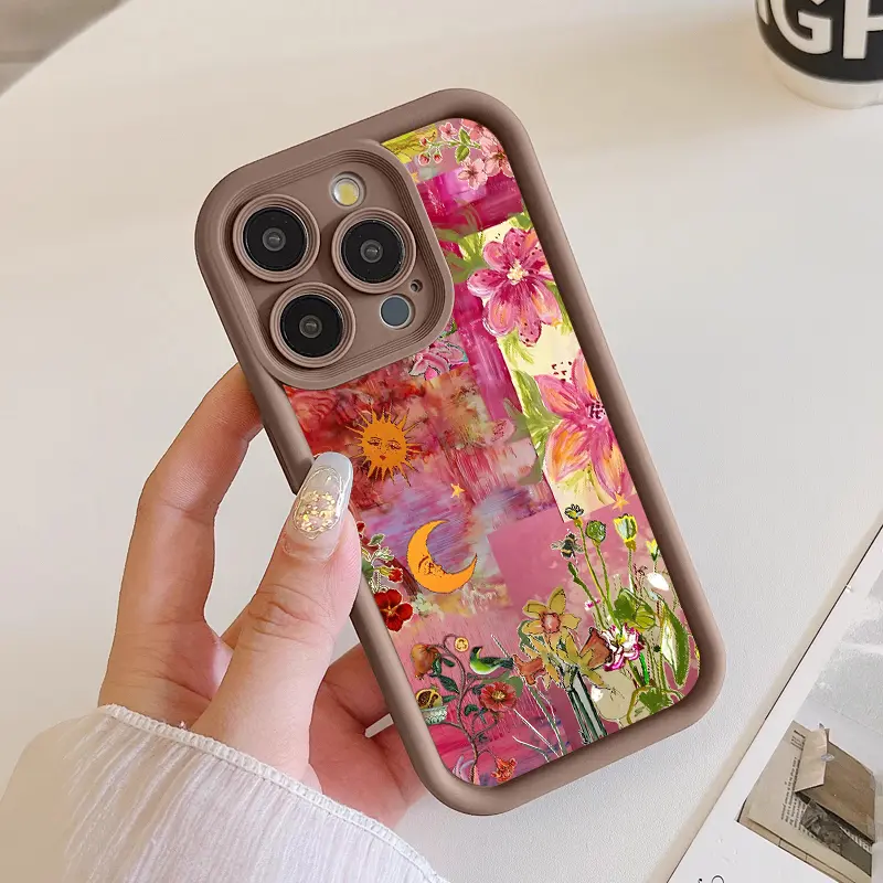 Softcase for iPhone 16 E Pro Max 15 Plus 14 13 12 11 XS XR CasePink Bohemian Collage Anti-Fall Shockproof Protective Slim Cover