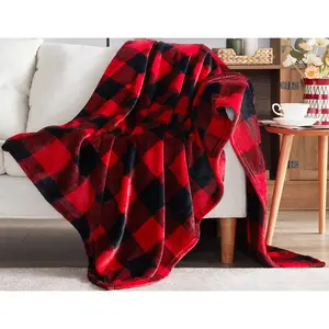 Polyester Throw Blankets, Buffalo Plaid Throw Blanket for Couch Sofa Bed, Soft Warm Fuzzy Cozy Plush Checkered Christmas Blanket, Lightweight Farmhouse Decor (Red & Black)