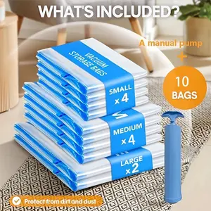 10 Vacuum Compression Storage Bags + Manual Pump, Dustproof Sealed, Space-Saving Organizer for Clothes, Blankets, Shirts, Dorm, Closet, Travel
