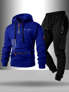 Men's Fall Winter Hooded Sweatshirt & Cargo Pants Set, Casual Style, Letter Print Design, Multiple Pockets, Fitted Fit