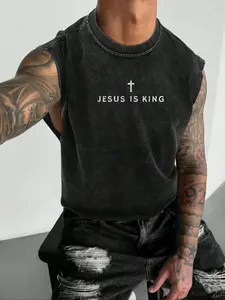 Men's 3-Pack Washed Sleeveless "Jesus Is King" Cross Print Graphic Tank Tops, Premium Cotton Casual Streetwear Vests