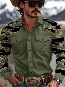Men's Autumn Casual Fashion Army Green Camouflage - Spliced Long - Sleeve Shirt, Double Patch Pocket Design, Made of High - Quality Fabric, Artistic Camouflage Splicing Craft Creates a Mature Casual and Advanced Image for Stylish Men Menswear Suits Tops