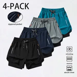 Men’s summer ice silk quick-dry faux two-piece shorts with zippered pockets, outdoor sports casual 3-inch inseam beach shorts Men's Breathable
