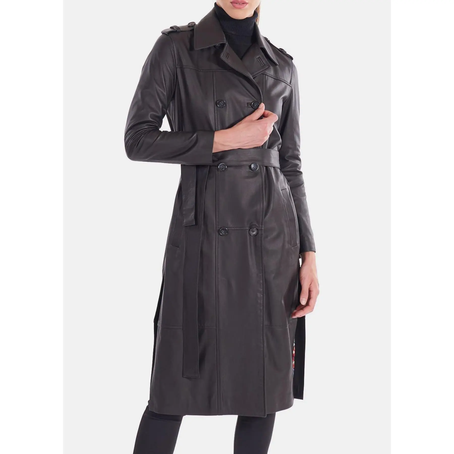 Womens Midnight Black Long Leather Coat