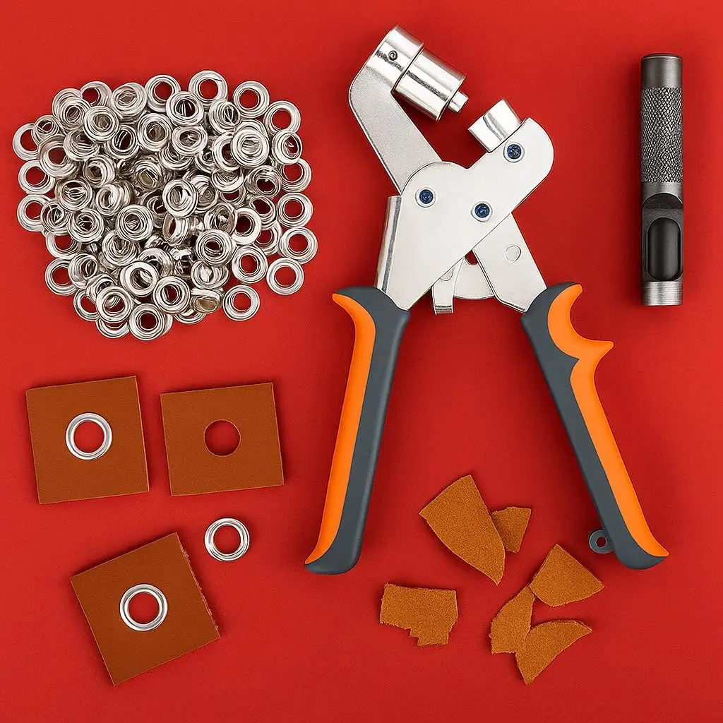Heavy Duty Handheld Grommet Tool Kit - 3/8" (10mm) & 1/4" (6mm) Grommet Pliers with 500 Eyelets - Portable Eyelet Punch Machine for Tarps, Banners, Canvas, Leather & DIY-Orange+Gray-6MM