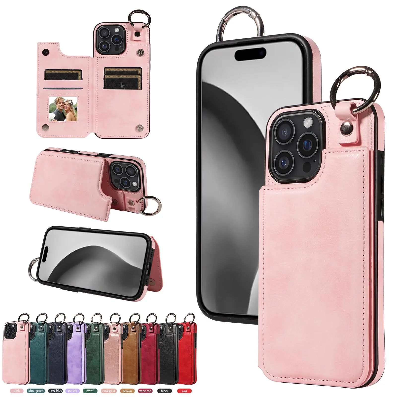 Fashionable Litchi Pattern Phone Case with Card Holder, Anti-drop Protective Phone Case with Ring Holder, Multi Card Slot Phone Wallet for iPhone, Cover, Casing, Accessories