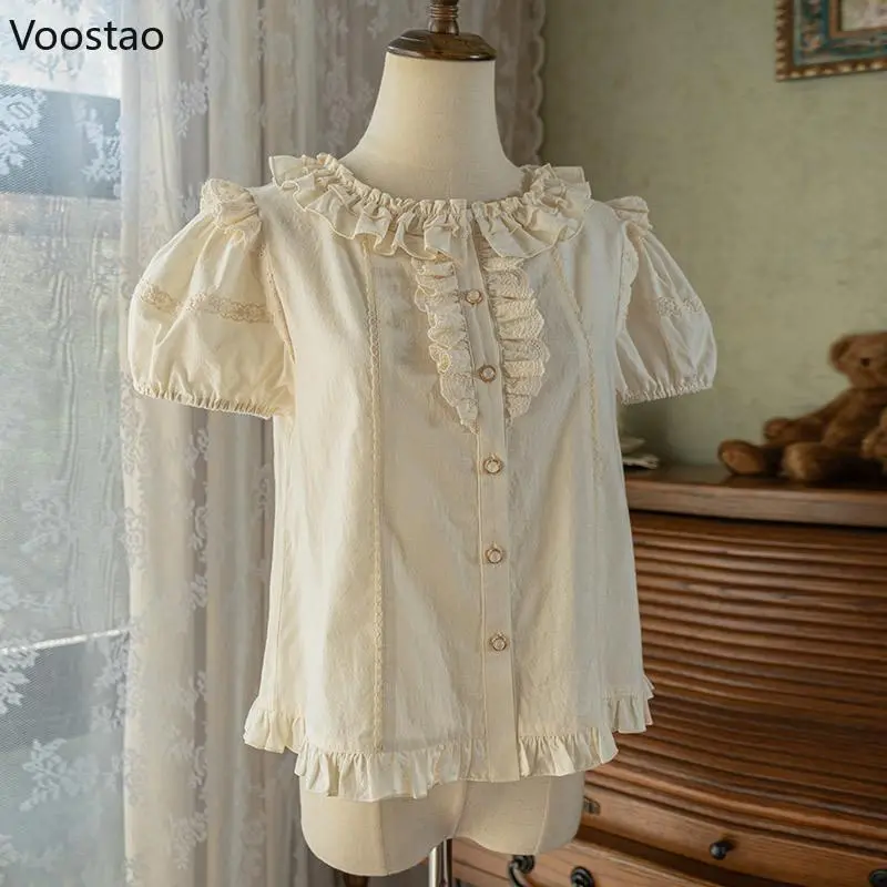 Japanese Sweet Lolita Style Shirts Women Kawaii Puff Short Sleeve Lace Ruffles Blouses Girls Cute Y2k Slim Tops Blusas Mujer