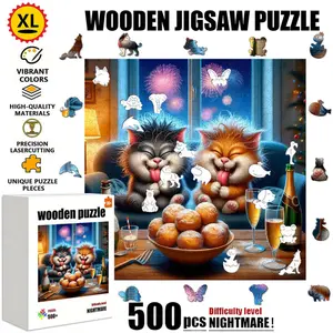 [1 Box(500 pcs)] Double Cat Celebration Wooden Puzzle with Unique Irregular Shapes, Seamless and Tight Interlocking, Perfect Gift for Christmas, Halloween, or Housewarming
