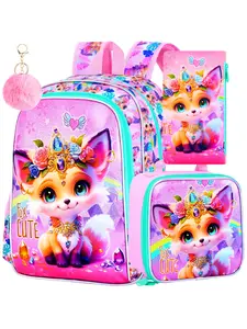 3Pcs Fox Backpack for Girls, 16" Kids School Backpacks with Lunch Box, Bookbag for Elementary Preschool Kindergarten(Pink)