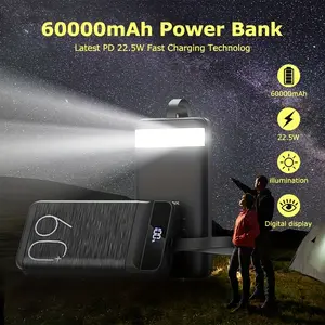Huge 60000mAh Capacity LED Digital Display Power Bank 22.5W PD Fast Charger Supports Charging 4 Devices Simultaneously Multiple USB1/2/3 Outputs Flashlight Portable with Lanyard Type-C/Micro/Lightning Inputs Phone Smartphone Chargeable