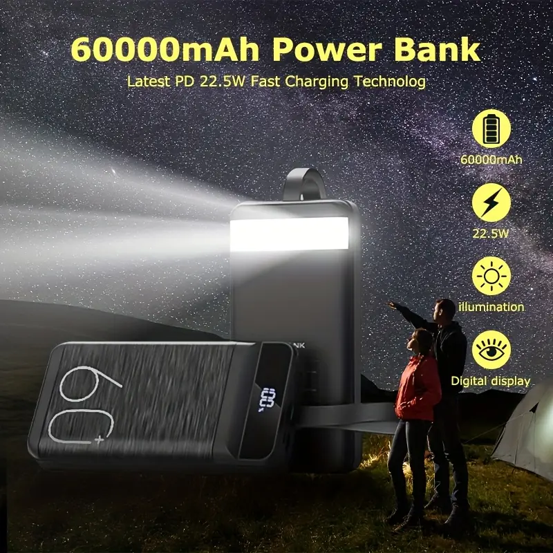 Huge 60000mAh Capacity LED Digital Display Power Bank 22.5W PD Fast Charger Supports Charging 4 Devices Simultaneously Multiple USB1/2/3 Outputs Flashlight Portable with Lanyard Type-C/Micro/Lightning Inputs Phone Smartphone Chargeable