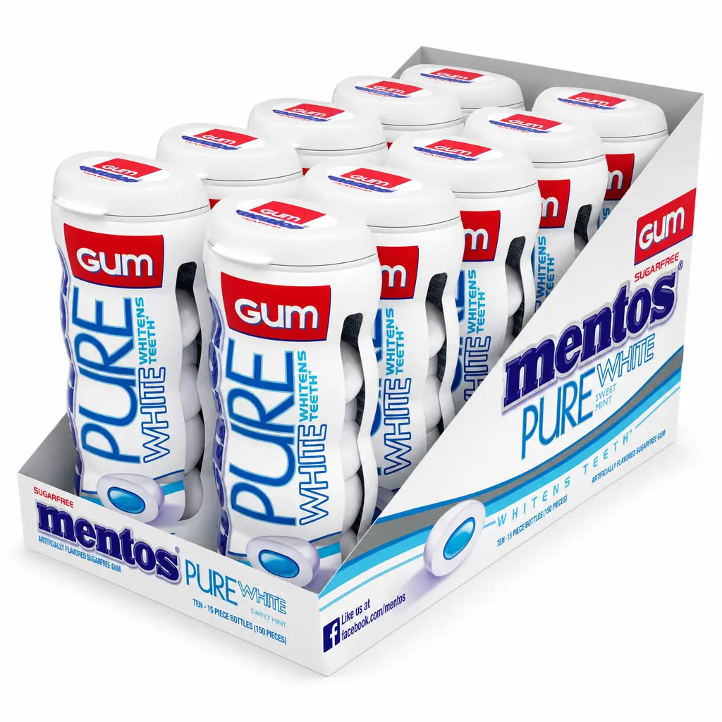 Mentos Sugarfree Gum Pure White Sweet Mint, 1 oz Pocket Bottles, 28 g Each, Portable Pocket Format