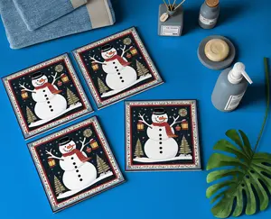 Snowman with Lantern Coaster Set 4 Handmade 4.25 Glossy Ceramic Tiles Festive Christmas Decor Winter Wonderland Home Accent Holiday Hostess Gift BPA Free