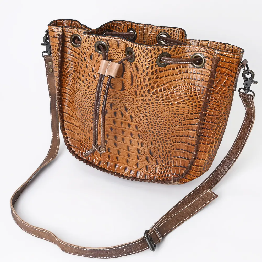 American Darling Western Bucket Bag, Crocodile Embossed Full Grain Genuine Leather, Eco-Friendly Drawstring Purse
