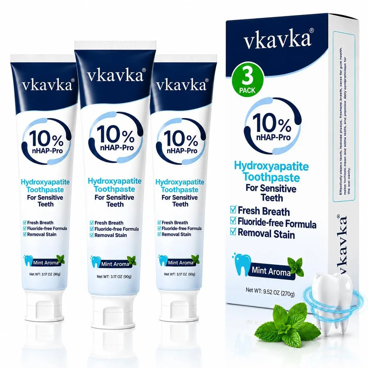 10% Hydroxyapatite Toothpaste 3 Packs, Fluoride Free Toothpaste Nano, Protects Enamel and Strengthens Teeth, Clean Breath and Cares for Oral Health Mint Flavor 9.52 OZ