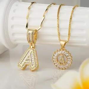 2-Count Initial Letter Zirconia Pendant Necklace Set, Golden/Silver Bubble Necklaces, Iced Out Design, Ideal for Women & Men, Anniversary Gift