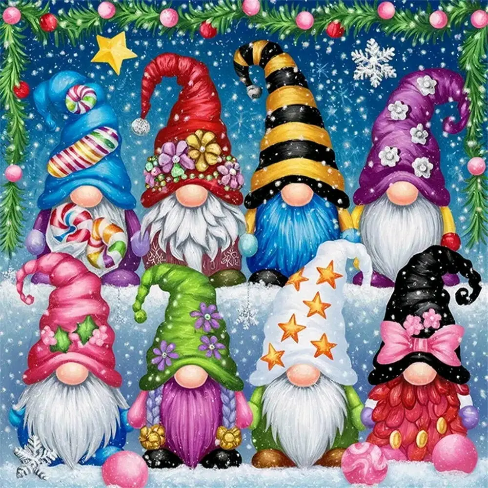 5D DIY Full Drill Diamond Painting Kit, Handicraft, Christmas Gnomes with Festive Hats and Decorations in a Snowy Winter Scene with Garland and Ornaments Round Square Diamond Mosaic Craft for Home Wall Decor Art Gift for Holiday and Gnome Lovers Kids