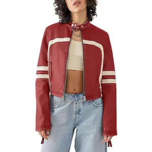 Lannew  Women’s Faux Leather Jackets Zip Up Stand Collar Cropped Motocross PU Coat Womenswear Tops