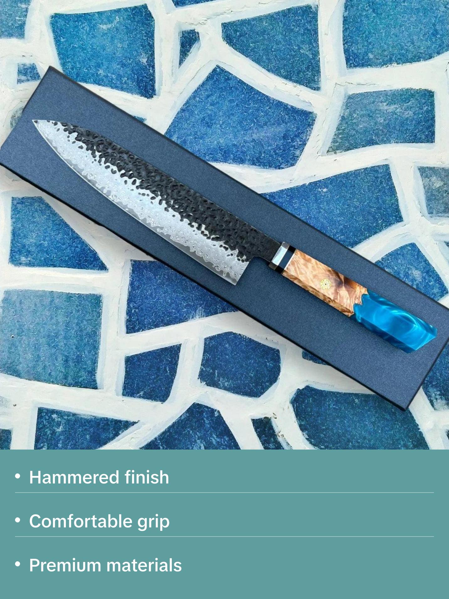 Handmade Damascus Japanese Gyuto Chefs Knife with Black Hammer Finish