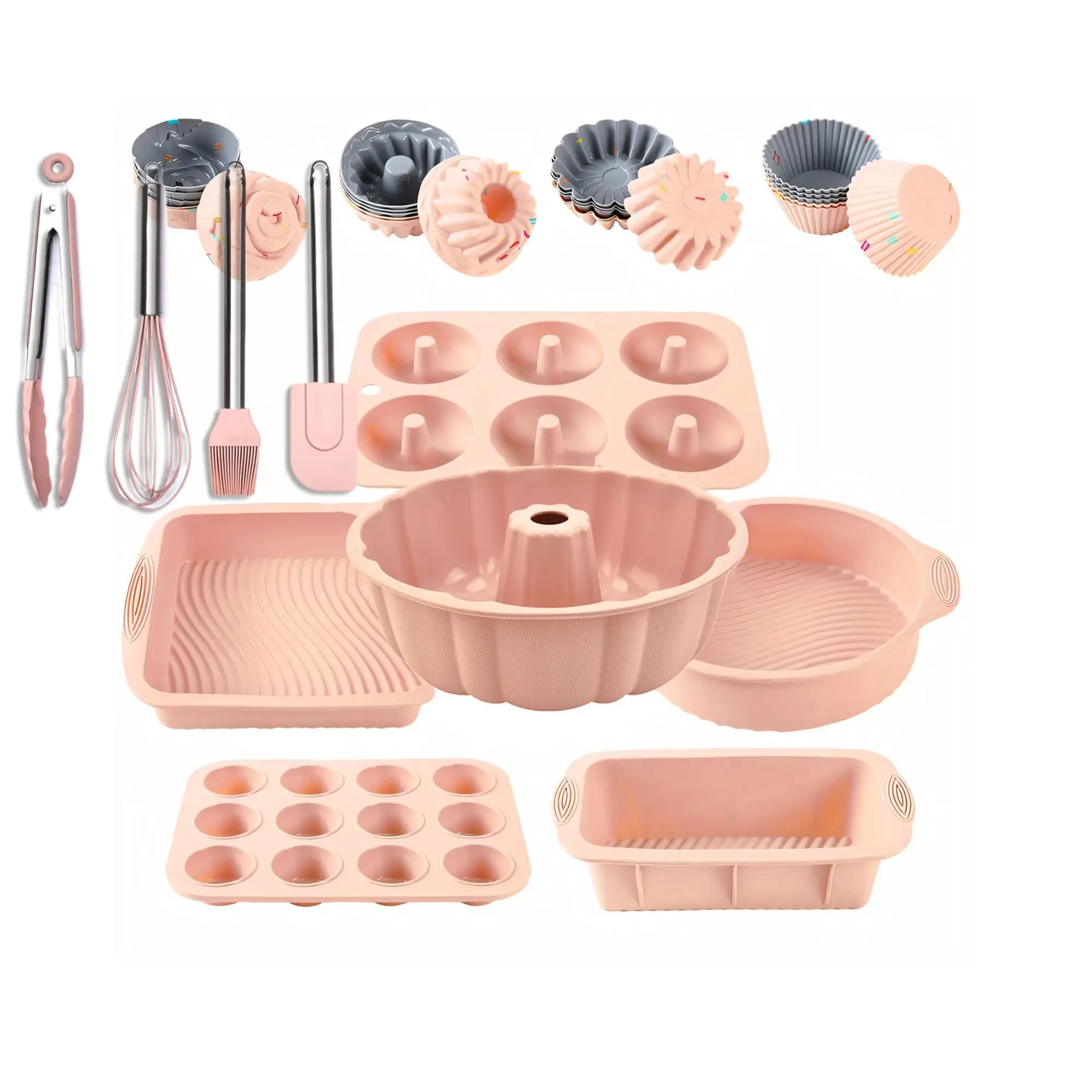 Silicone Baking Set, 34pcs/set Non-stick Silicone Baking Tool Set, Including Baking Pan, Cake Pan, Donut Pan, Muffin Pan, Beater, Brush, Clamps, Bakin