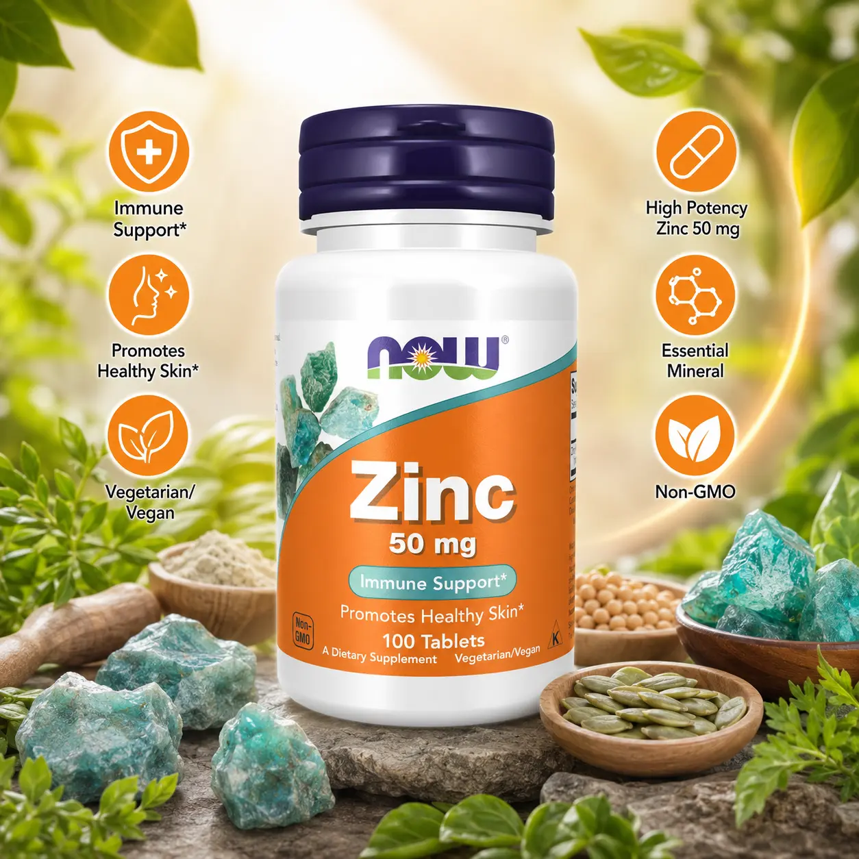 NOW Foods Zinc Gluconate 50 mg Dietary Healthcare Supplement - Vegetarian, Sugar-Free, GMO-Free Mineral - Supports Enzyme Functions, Immune Health - 100 Tablets