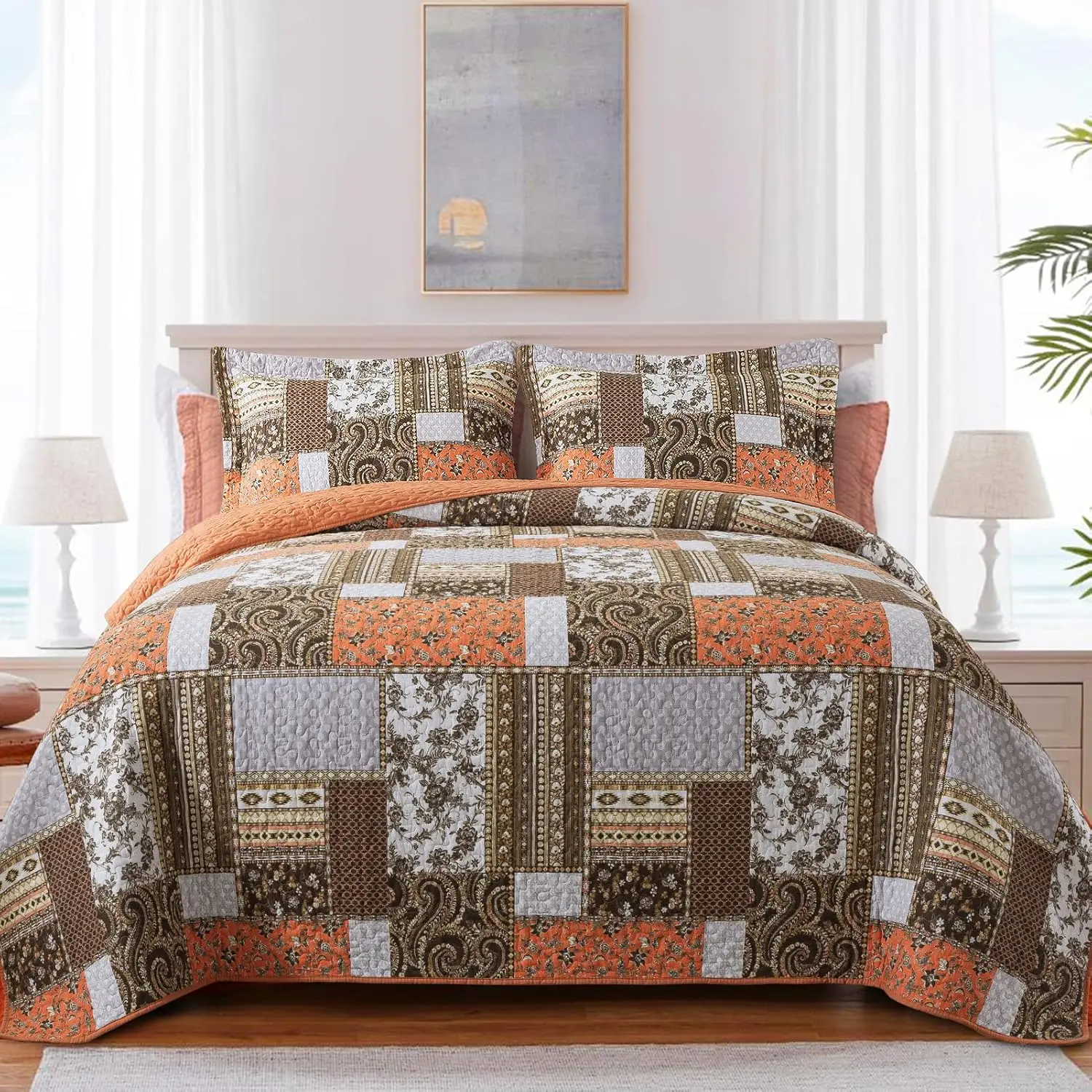 Cotton King Size for Farmhouse- Fall Patchwork Bedspread Set --Woven Soft Reversible King Size Bed Spread for All (Floral Orange) 3 Pieces Cotton King Size for Farmhouse- Fall Patchwork Bedspread Set --Woven Soft Reversible King Size Bed Spread for All (Floral Orange) 3 Pieces