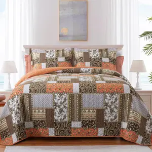 Cotton King Size for Farmhouse- Fall Patchwork Bedspread Set --Woven Soft Reversible King Size Bed Spread for All (Floral Orange) 3 Pieces