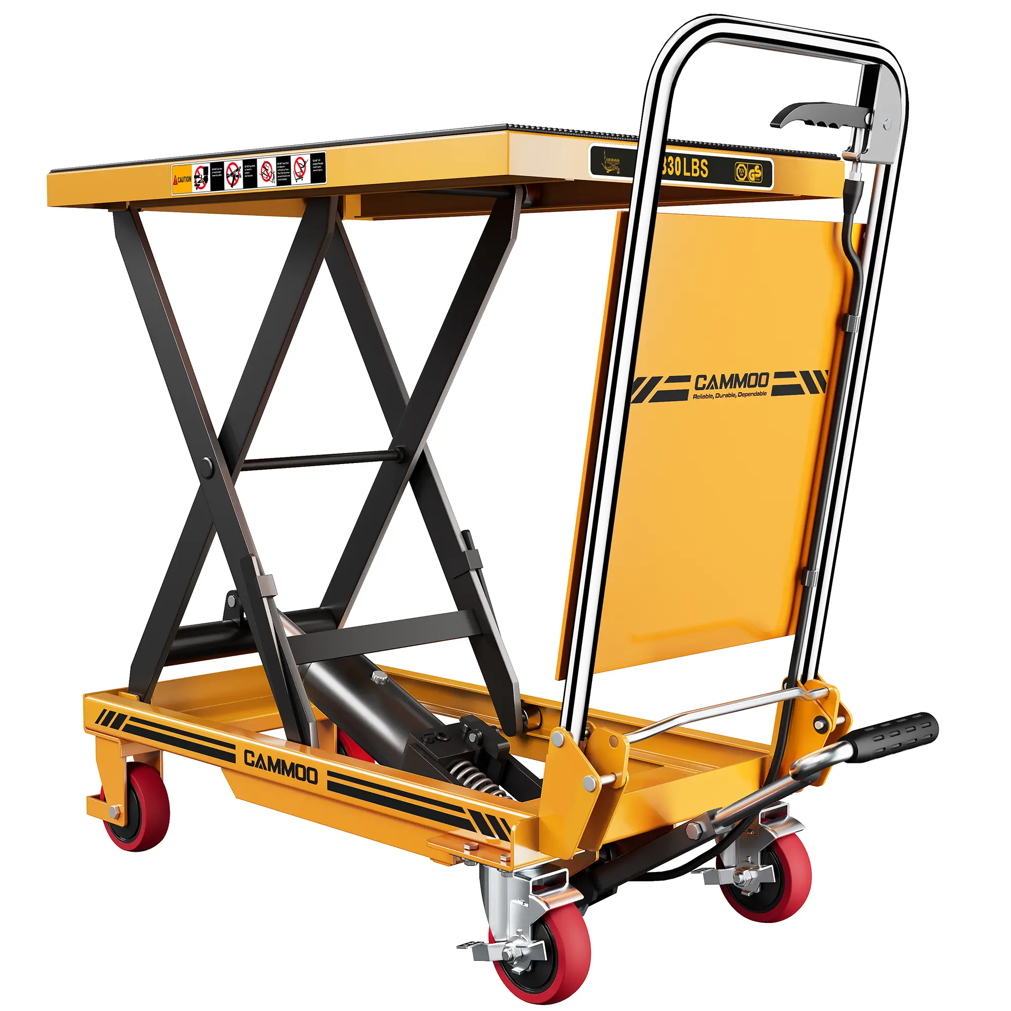 CAMMOO Yellow Single Scissor Foldable Hydraulic Lift Table Cart, 28.5" Lifting Height, 330lbs Capacity, Non-Slip Pad, Thickened Scissors Design for Material Handling, Transportation