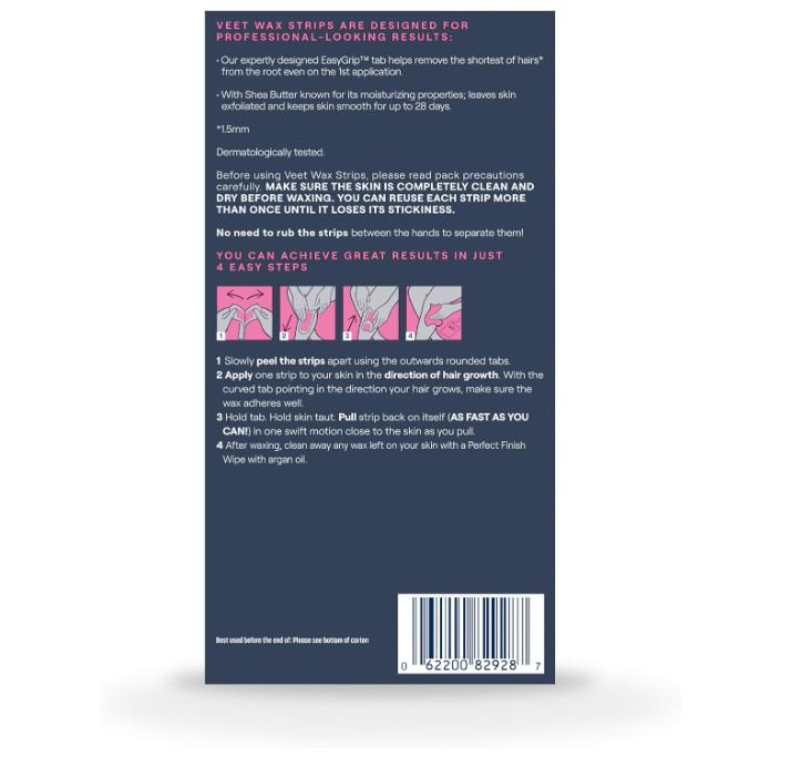 VEET Sugar Wax Strips For Women's Body Hair Removal, Bikini Hair Removal Kit, Pubic, Dermatologically Tested For Body & Intimate Areas, 40ct Wax Strips with Shea Butter & 4ct Wipes