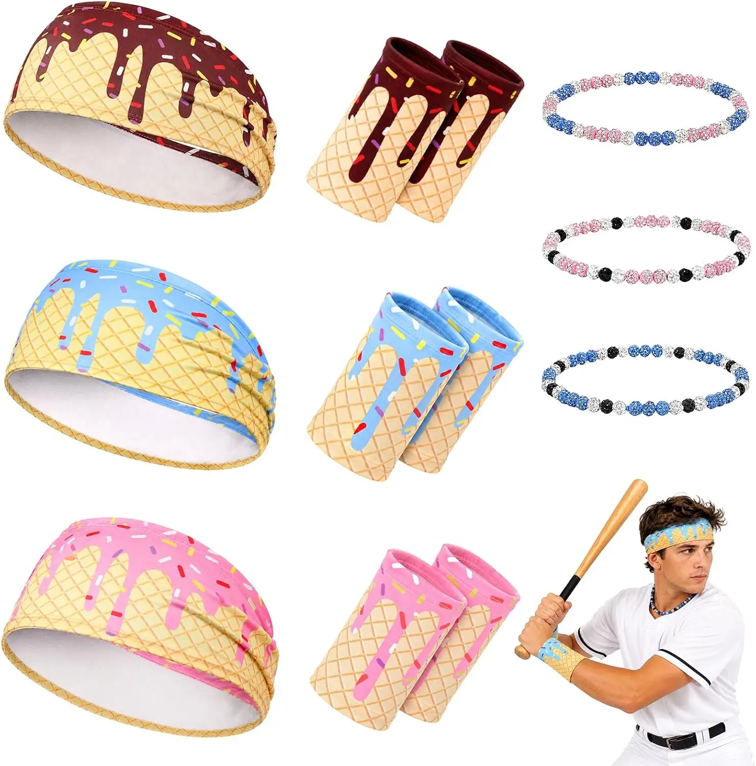 Multi-Color Baseball Headbands, Ice Cream Drip Wristbands & Beaded Necklaces - Funky Cute Casual Daily Sport Accessories, Birthday Gifts for Athletes (Baseball, Football Teams), Fashion, Gym, Headbands 24Cm X 9Cm, Lightweight And Durable, Playful Headband