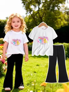 Girls' suit "Bluey Tea Cup Cute Fun" cartoon cup puppy cluster-shaped printed T-shirt + bell-bottom pants suit, soft and healing, full of childlike fun, comfortable and eye-catching for daily outings/casual wear