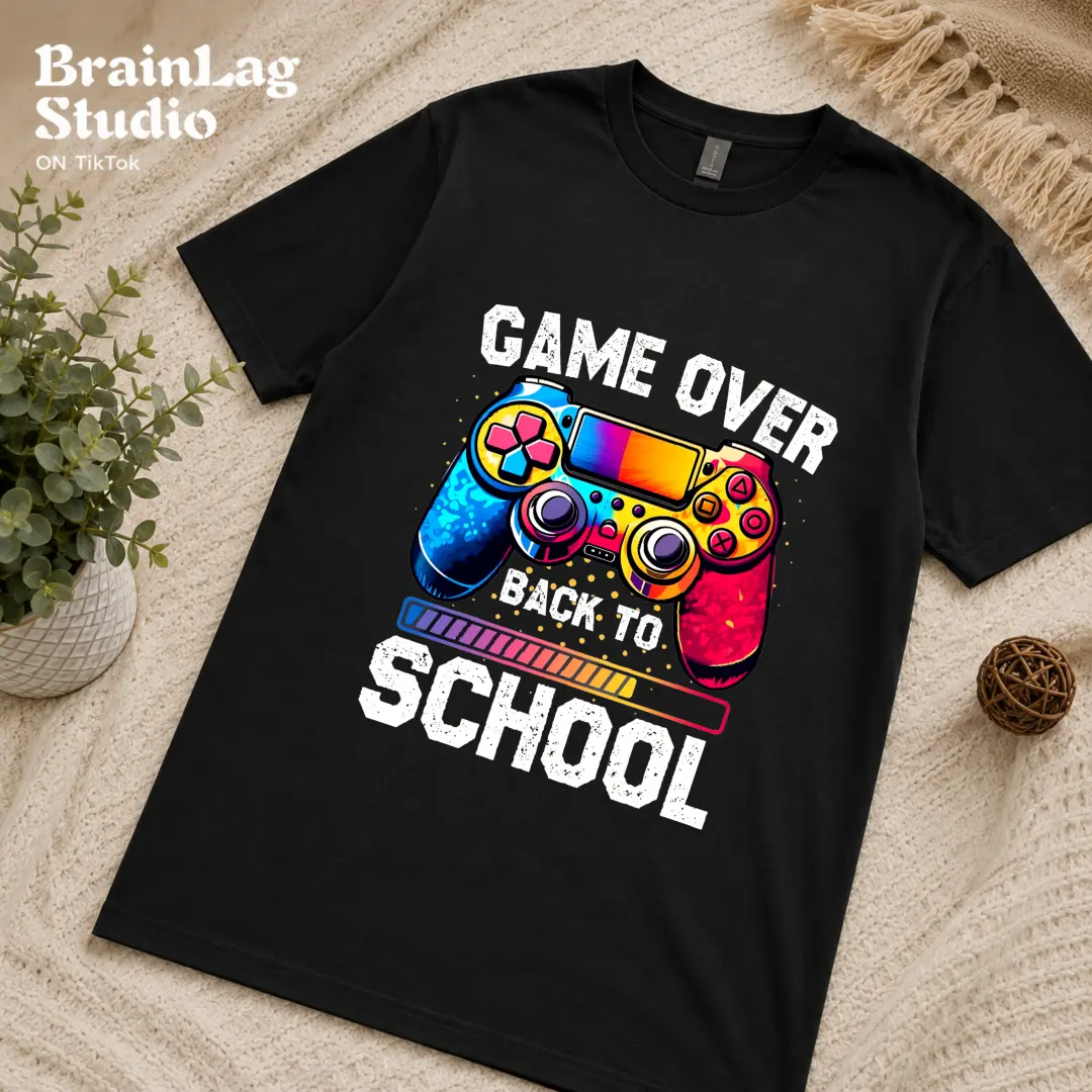 Game Over Back To School Controller Graphic T Shirt Gamer Student Black Tee