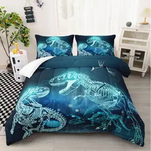Dinosaur Bedding Set, Dino Deep Blue Eyes 3-Piece Bedding, All-Season Lightweight Dark Blue Bedding, 1 Quilt and 2 Pillowcases