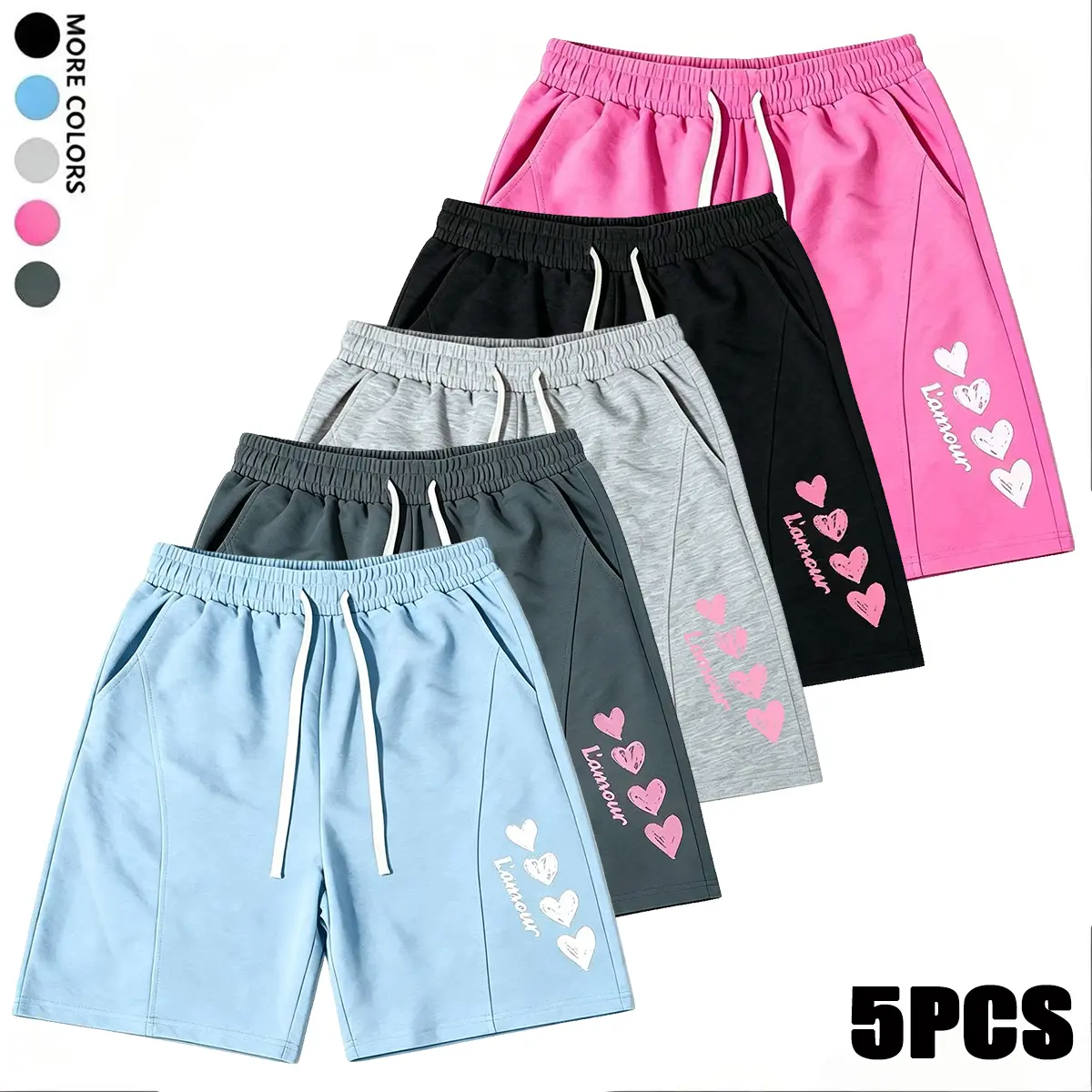 Women's Plus Size Sporty Chic Graphic Elastane Active Shorts Set, 3-/4-/5-Piece Options, Loose Mid-Rise Drawstring Athletic Shorts, Soft Breathable 5-In Inseam, Casual Wear for Home & Outdoor Use, Plus Size Shorts, 3-, 4-, Or 5-Piece Options