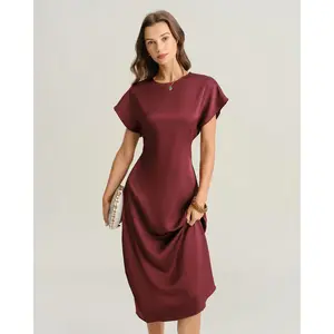 Red Satin Cowl Sleeve A-Line Midi Dress