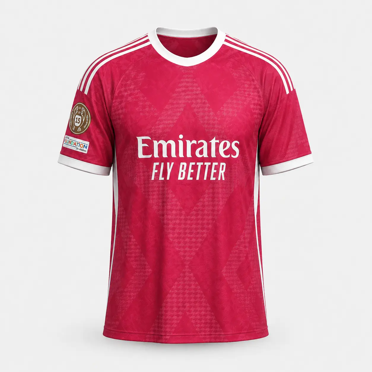 Emirates Fly Better Red Soccer Jersey with White Stripes and Logo on Sleeves