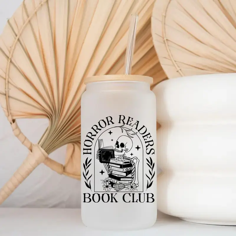 Horror Readers Book Club 16oz Frosted Glass Can Cup, Skeleton Reading Books, Gothic Coffee Tumbler with Bamboo Lid & Straw