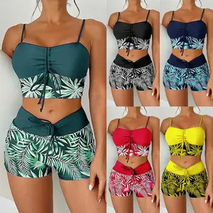 Women's Printed Two-Piece Swimsuit High Waist Boxer Style Bottoms Lace-Up Detail Quick-Dry Comfortable Fabric Available in Blue Green Rose Black Yellow Sizes S M L XL 2XL