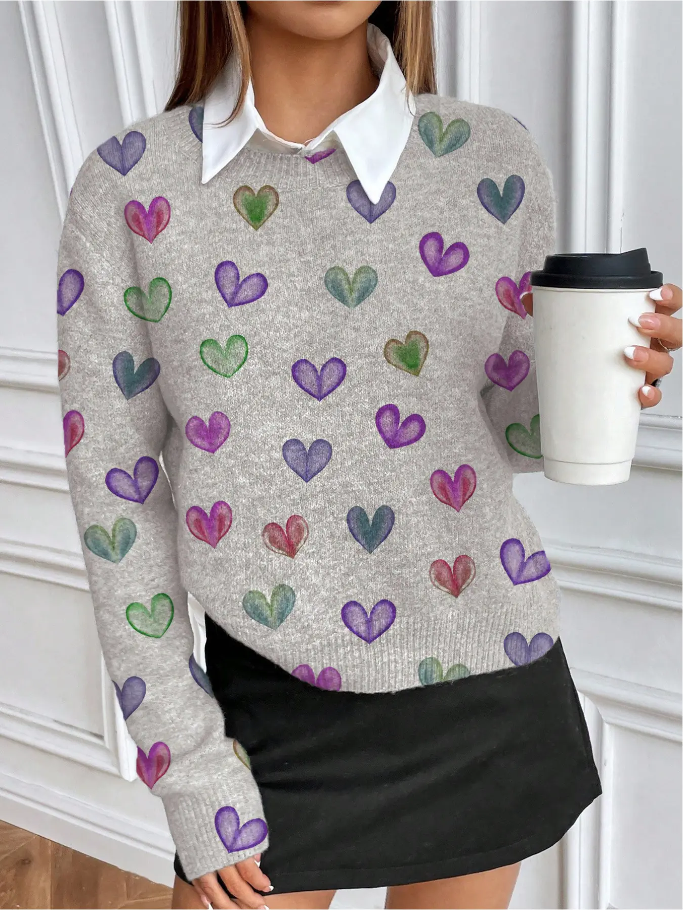 Casual style round-neck multi-color heart-printed long-sleeved knitted fitted sweater, Lightweight knit sweater, Lady Knitwear Womenswear, suitable for autumn and winter seasons, commuting, layered or alone