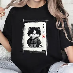 Samurai Cat Japanese Art Sumi-e Novelty Kawaii Funny Cat T-Shirt