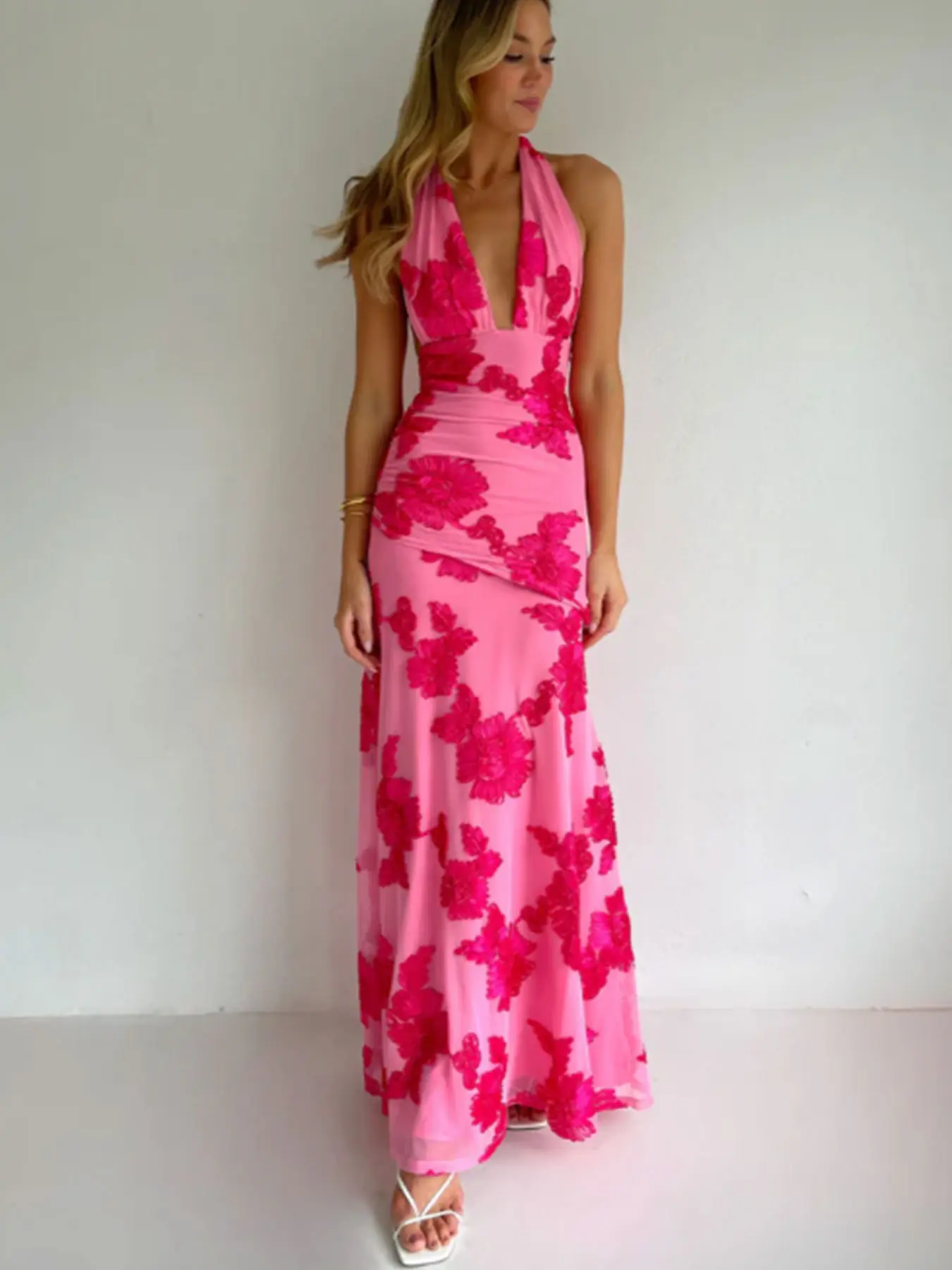 Elegant Floral Print Long Dress Women, Summer Sleeveless V-Neck Tie Back Strapback Reveal Spine Party Sexy Slim Fit Mesh A-Line Dress for Women