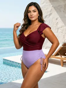 Burgundy Lavender Plus Size One Piece Swimsuit | High Waist Flutter Sleeve Beach Swimwear