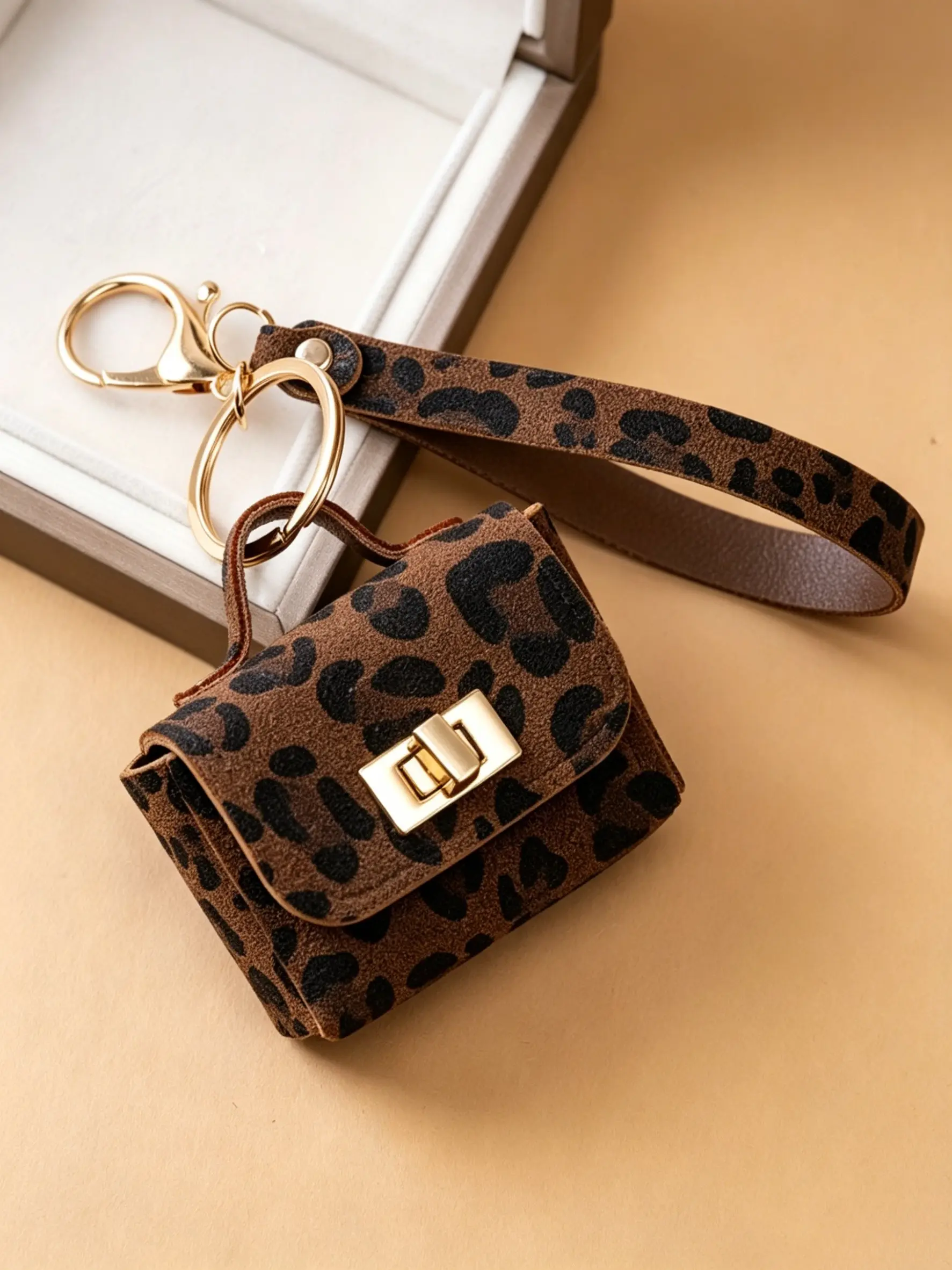 Leopard-Print Bag Charm, Suede Mini-Bag Design, 3D Clasp, American-Style Luxury, Ideal for Bag Charms, Headphone Storage, Keychains, Fashion Bag Charms, Bag Accessories, Handbag Charms, Purse Accessories Charm, Charms For Bags
